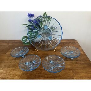 Vintage Blue Pressed Glass Footed Serving Bowl Small Dessert‎ Dishes Retro MCM